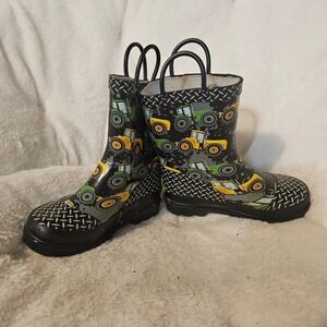 Western Chief Tractor Zone‎ Rain Boots Black Yellow Green Kids 9/10